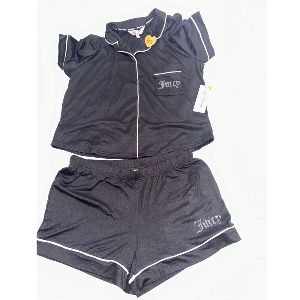JUICY COUTURE Women Button Down Shirt and Shorts Pajama/Lounge Set BLACK Size M - Picture 1 of 2